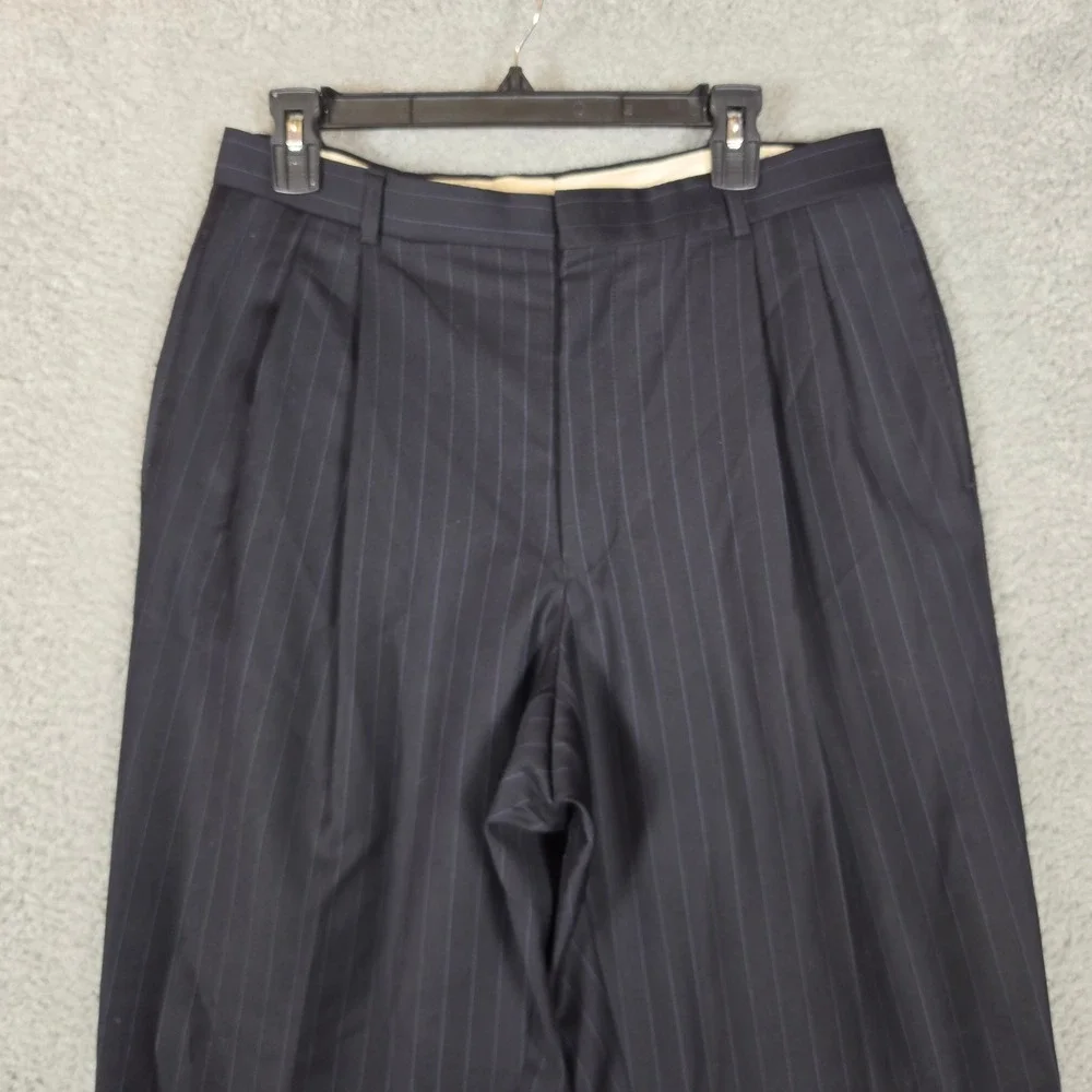 Savile Row Suit Men 40R W34 Navy Blue Two Pieces Pinstripe Pleated Cuffed Wool